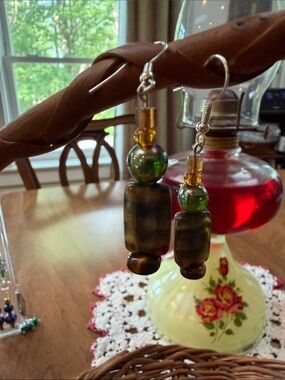 Handmade Green and Brown Glass Bead Drop Earrings